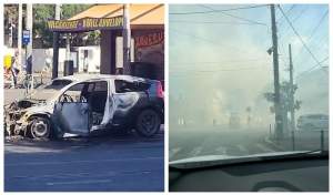 Panică în Capitală! O mașină a explodat și a ars în flăcări la câteva sute de metri de Piața Victoriei / VIDEO