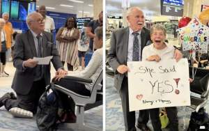 Un bărbat şi-a cerut în căsătorie iubita din liceu, pe aeroport, după 60 de ani. Momentul a devenit viral pe TikTok / VIDEO