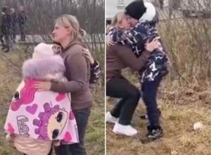 Imagini emoționante cu doi copilași din Ucraina care au trecut granița, de mână cu o străină. Și-au revăzut mama cu ochii în lacrimi / FOTO