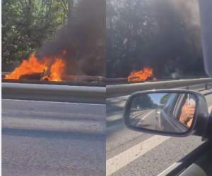 Imagini incredibile pe Autostrada A1 București-Pitești! O mașină a fost curprinsă de flăcări / FOTO