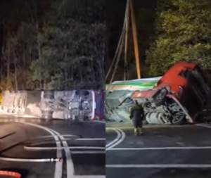 Pericol de explozie pe o șosea din Brașov! O cisternă cu combustibil pentru calorifere s-a răsturnat pe marginea Drumului Naţional 13 / FOTO