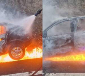 Panică pe o șosea din Botoșani! În urma unui accident, o mașină în care se aflau mai multe persoane a luat foc