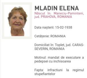 Femeie de 83 de ani, cel mai vârstnic urmărit general din România. Mladin Elena a fost condamnată la închisoare pentru trafic de droguri