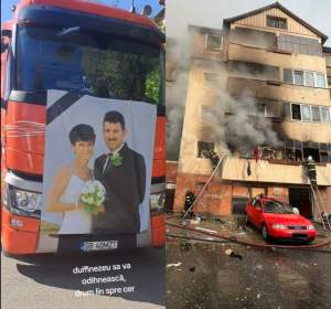 Imagini emoționante! Cei doi soți, Mariana și Marius, care au murit  în urma exploziei de la blocul din cartierul Valea Aurie din Sibiu, au fost conduși pe ultimul drum de zeci de TIR-uri / VIDEO