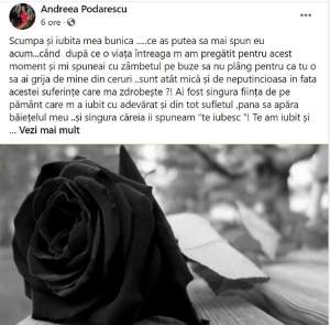 Bunica Andreei Podărescu s-a stins din viață, după ce medicii i-au pus un diagnostic crunt! Mesajul postat de vedetă:  „Îmi spuneai să nu plâng”