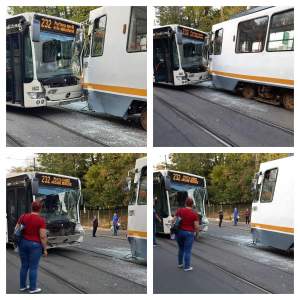 Accident grav în Capitală! Un autobuz s-a ciocnit violent cu un tramvai / FOTO