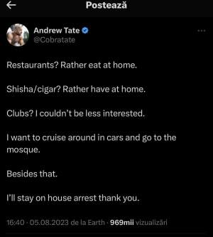 Frații Tate se pot bucura de libertate, dar aleg să stea tot acasă. Andrew Tate: “Voi rămâne în arest la domiciliu…” / FOTO