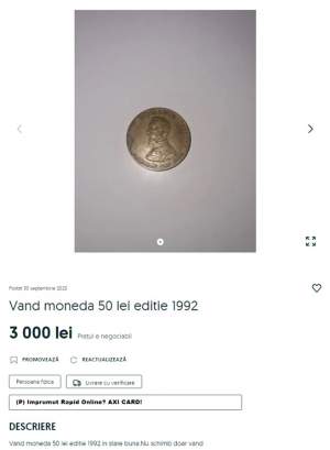 A fost scoasă la vânzare moneda de 50 de lei din 1992. Cu cât se vinde în 2023 / FOTO
