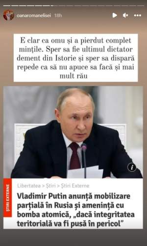 „Sper să dispară repede”. Mesajul Oanei Roman, după decizia lui Vladimir Putin de mobilizare parțială în Rusia. Ce spune vedeta