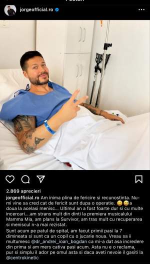 Jorge, din nou pe patul de spital! Artistul a suferit o intervenție chirurgicală: „Nu-mi vine să cred..." / FOTO