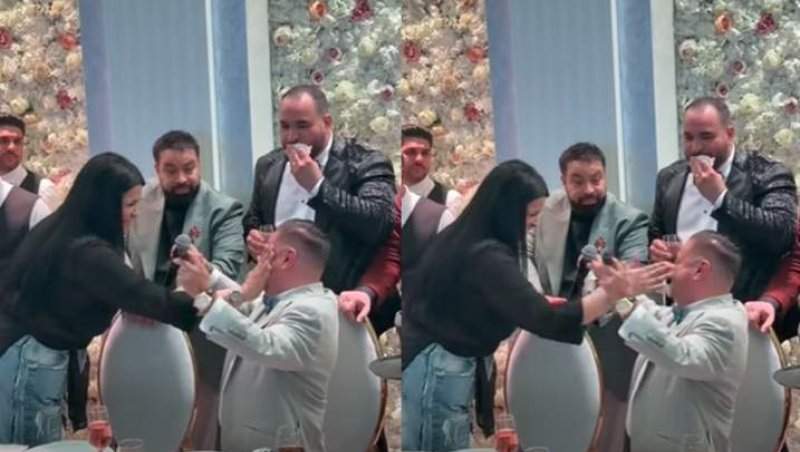 Adrian Minune, luat la palme de Raluca Drăgoi, în timpul unei cântări. Florin Salam a fost de față