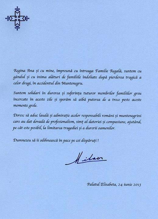 Regele Mihai I este alături de familiile îndoliate în urma tragediei din Muntenegru. Vezi mesajul emoţionant!
