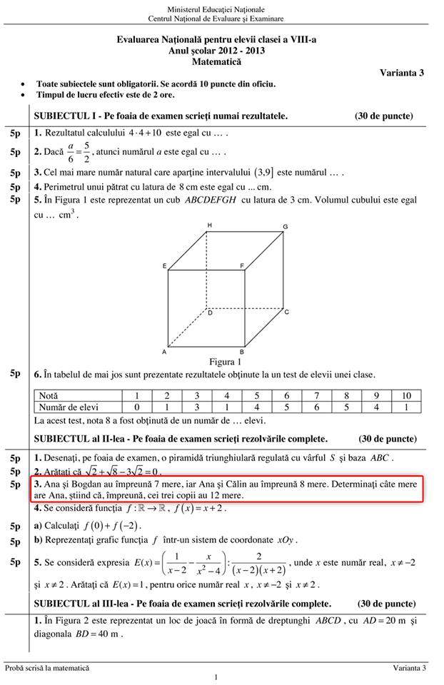 Uite cum au arătat subiectele de la matematică la capacitate! Observaţi absurditatea baremului?