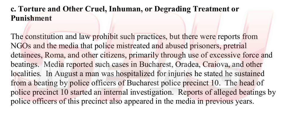 EXCLUSIV  Până şi americanii ştiau de bătăile de la Secţia 10! Abuzurile poliţiştilor sunt băgate la categoria "torturi şi alte cruzimi"