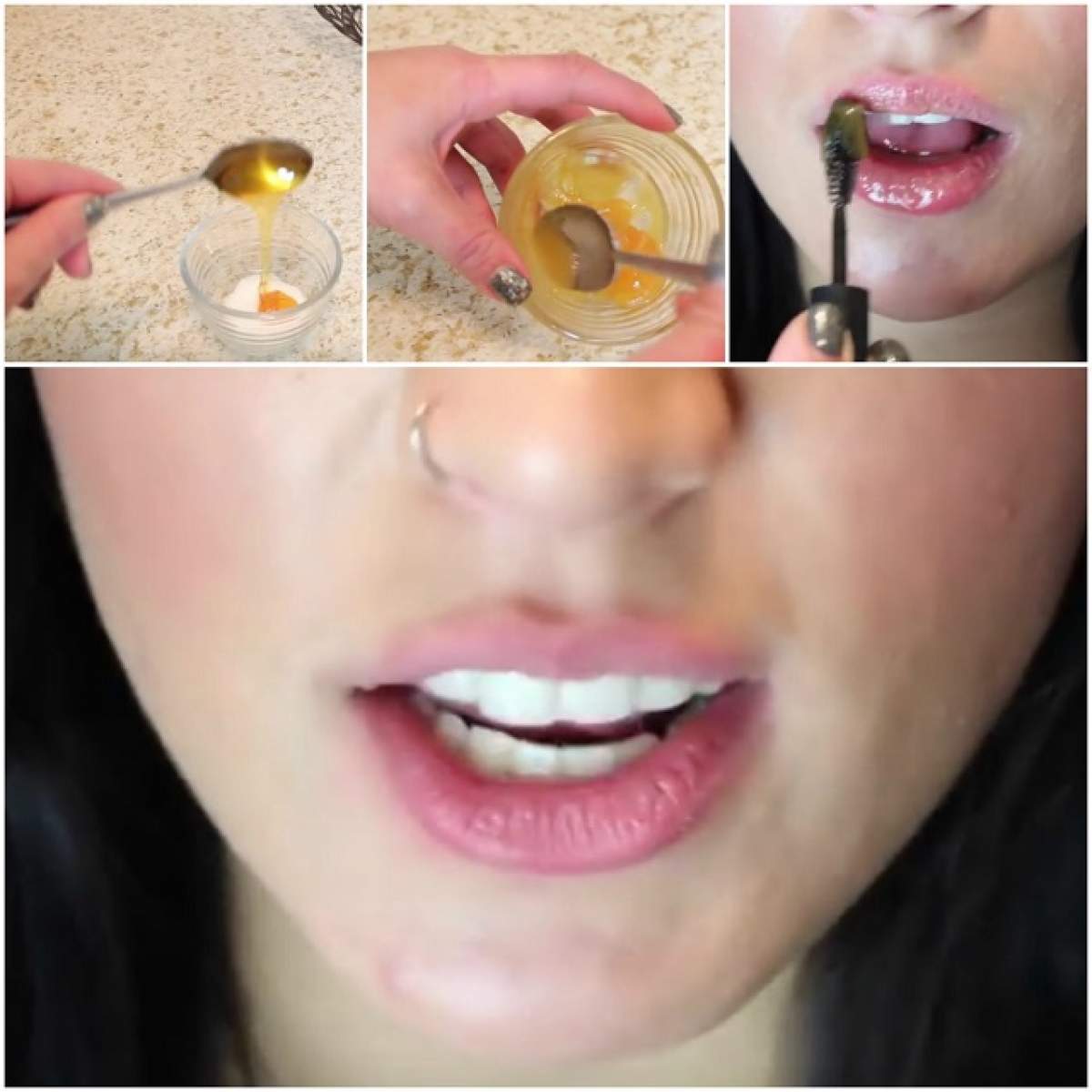 VIDEO / A amestecat trei ingrediente naturale şi a aplicat pasta pe buze, cu ajutorul unei periuţe de mascara. Efectul e fabulos. O să încerci şi tu!