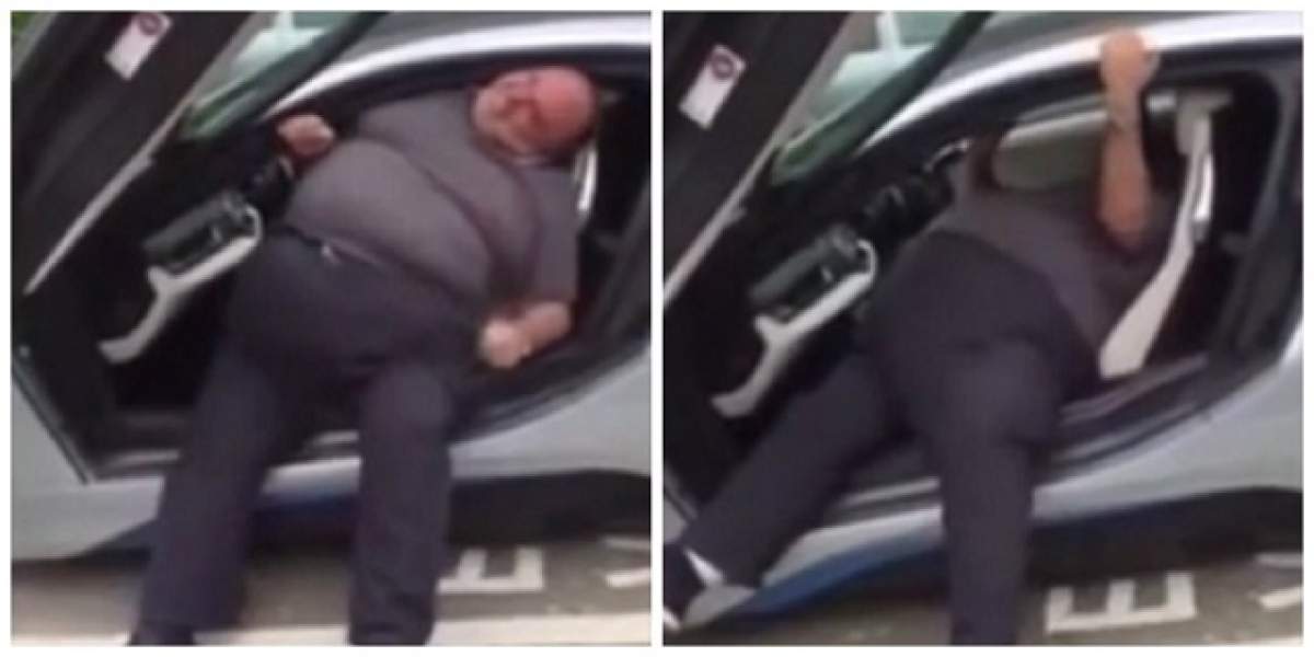 VIDEO / Momentul hilar în care un bărbat supraponderal se chinuie să iasă din maşina lui de fiţe! Fimuleţul a devenit viral