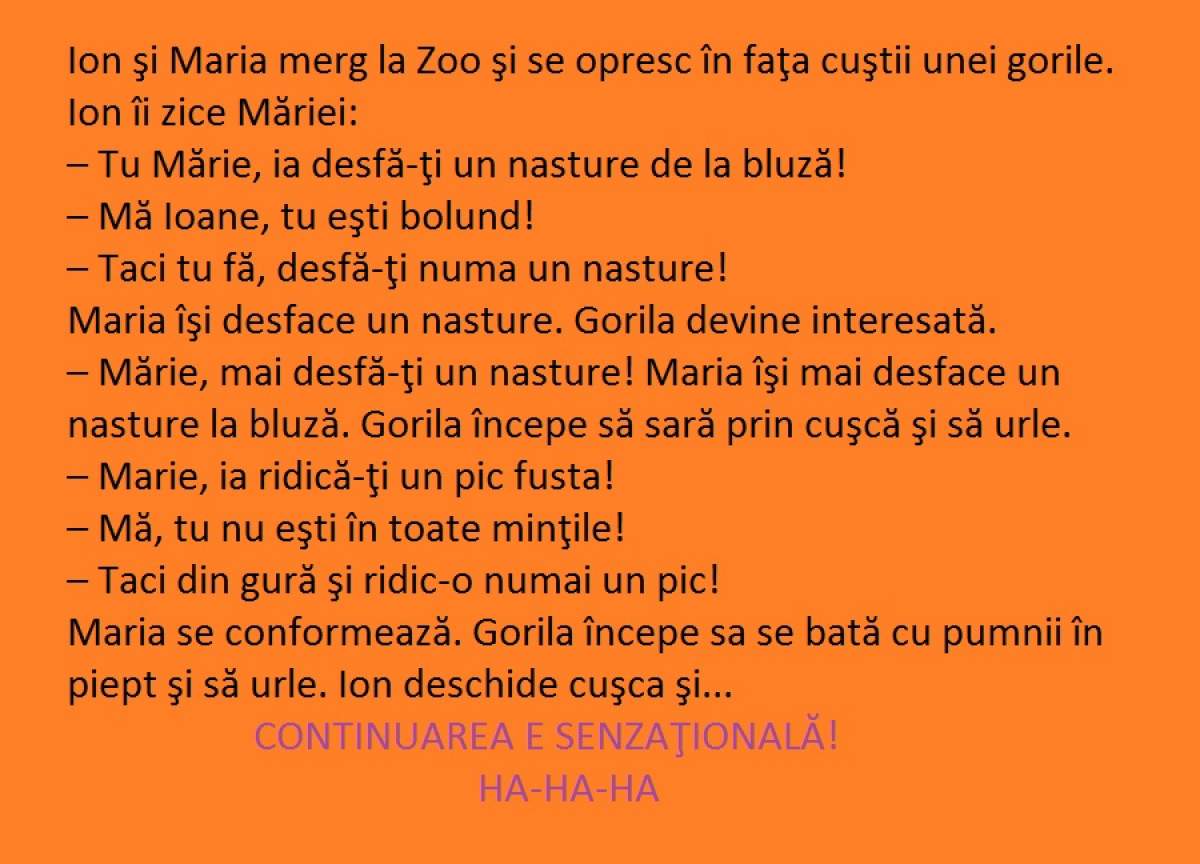 Bancul zilei: Ion şi Maria merg la Zoo şi se opresc în faţa cuştii unei gorile, unde...