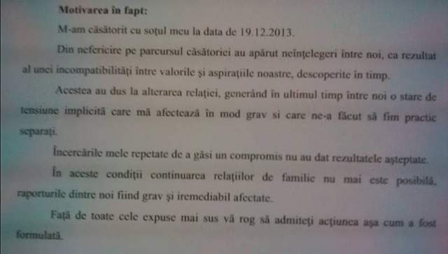 DOCUMENT BOMBĂ! Motivarea pe care Andreea Marin a depus-o la cererea de divorţ!