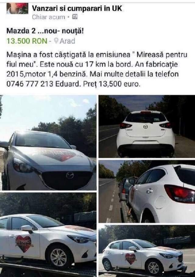 FOTO / Ce s-a întâmplat cu maşina lui Eduard şi a Laviniei, câştigată la "Mireasă pentru fiul meu", după ce au anunţat că o vând