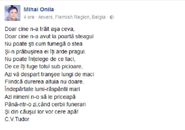 Mihai Onilă , din în ce în ce mai îndurerat. Poezia lui Vadim Tudor i-a rupt sufletul: "Azi nimeni n-o să..."