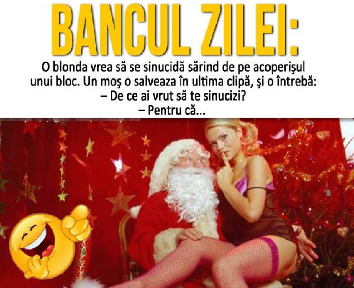 BANCUL ZILEI: LUNI – O blondă  vrea să se sinucidă sărind de pe acoperişul unui bloc. Un moş o salvează în ultima clipă...