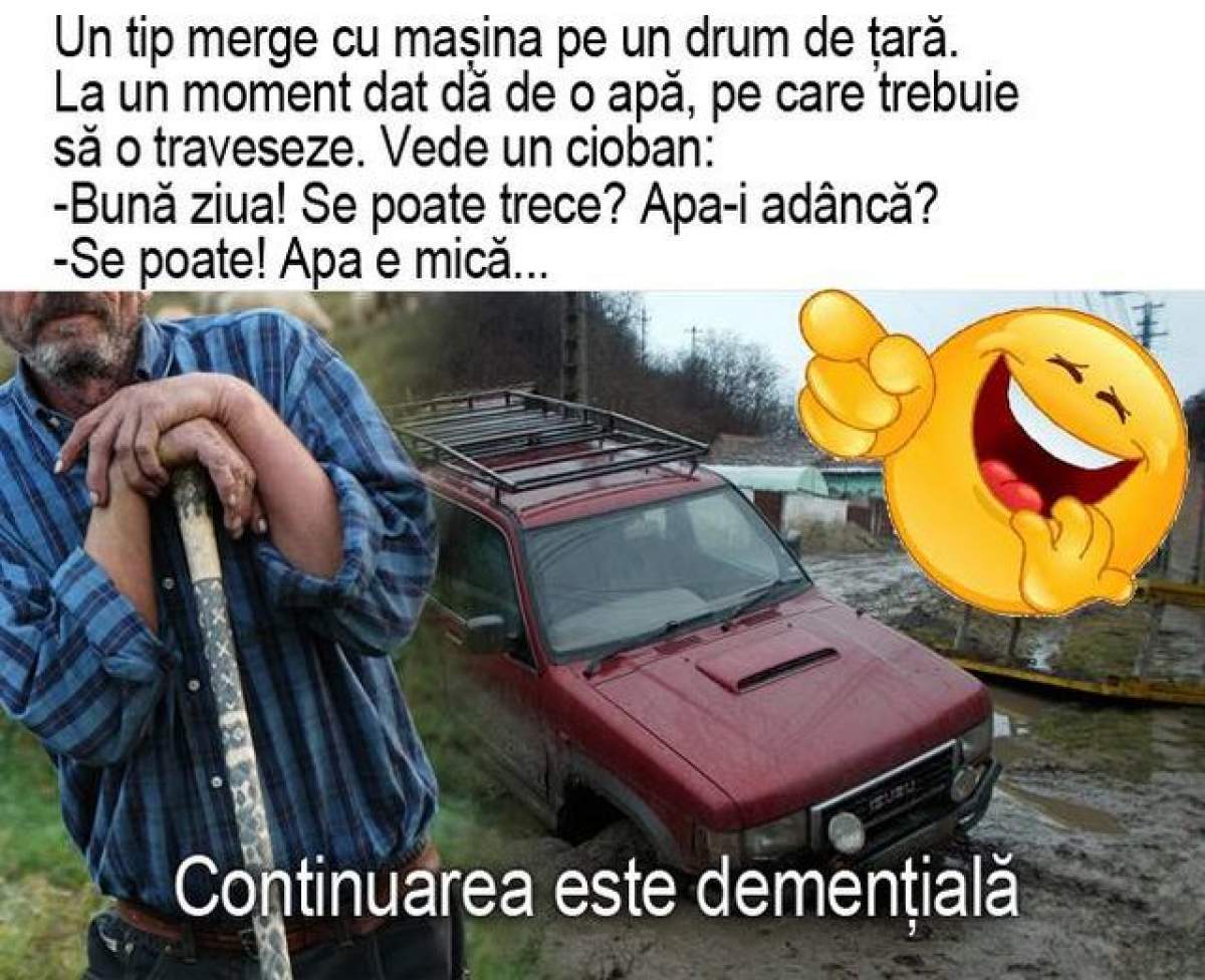 Bancul zilei: ”Un tip merge pe un drum de țară și dă de o apă, pe care trebuie să o traverseze...”