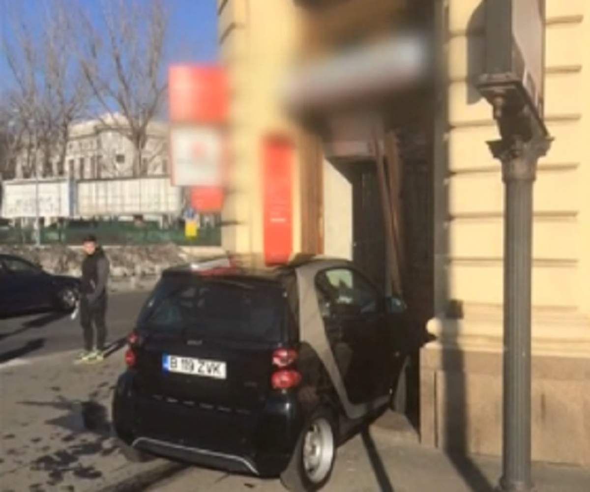 VIDEO / Imagini fabuloase! O bătrână a intrat cu mașina într-o bancă din centrul Capitalei