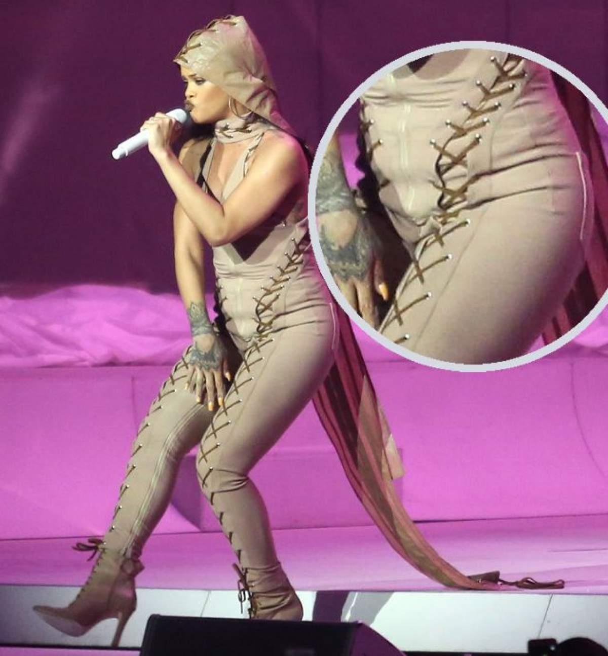 FOTO / Nu a fost niciodată slabă moartă, dar de data asta e prea... împănată! Rihanna, cu "colăceii" la vedere pe scenă