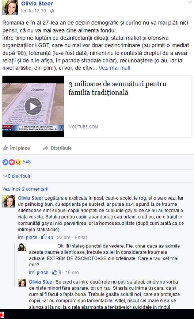 Cuvintele ei au stârnit revolta! Olivia Steer a intrat din nou în gura internauţilor, după ce a cerut sprijin pentru susţinerea familiei tradiţionale