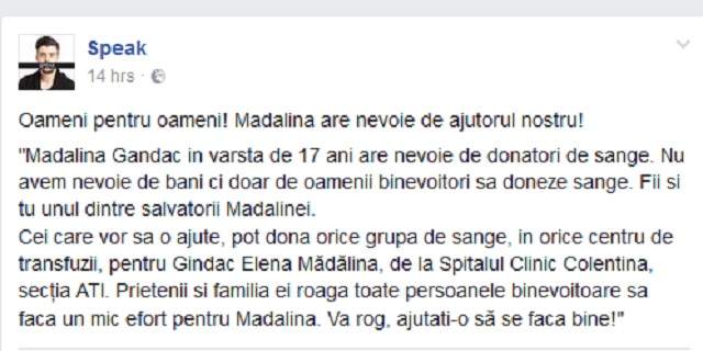 Mobilizare majoră! Starea de sănătate a unei tinere a alertat o mulţime de vedete de la noi! Fata are nevoie urgentă de sânge