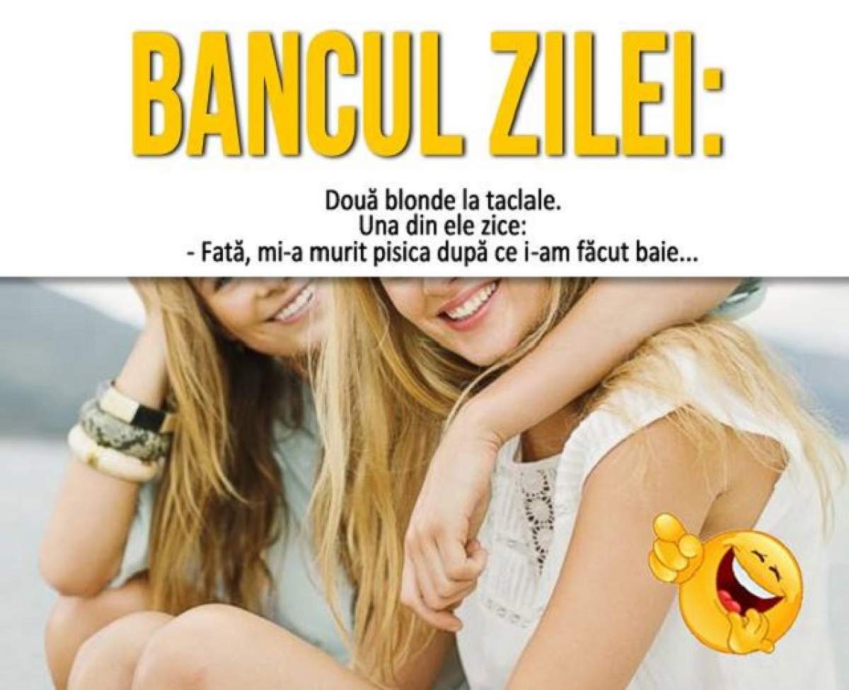 BANCUL ZILEI: Două blonde la taclale. Una din ele zice: - Fată, mi-a murit pisica după ce i-am făcut baie...