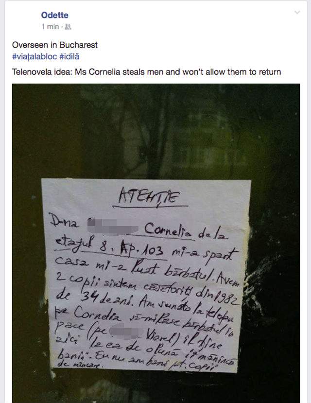 FOTO / Vecina i-a furat bărbatul! Ce mesaj a lipit în scara blocului femeia înşelată