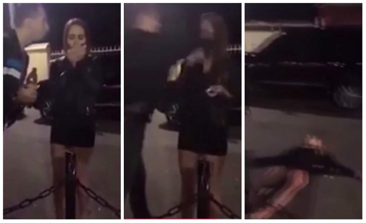 VIDEO / Momentul şocant în care o fată este făcută K.O. în faţa unui club de noapte