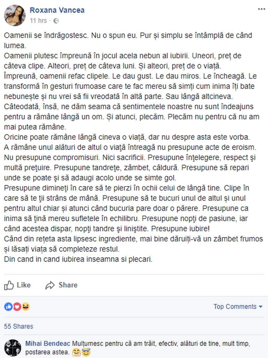 Mihai Bendeac suspină după Roxana Vancea? Mesajul transmis fostei iubite i-a uimit pe fani