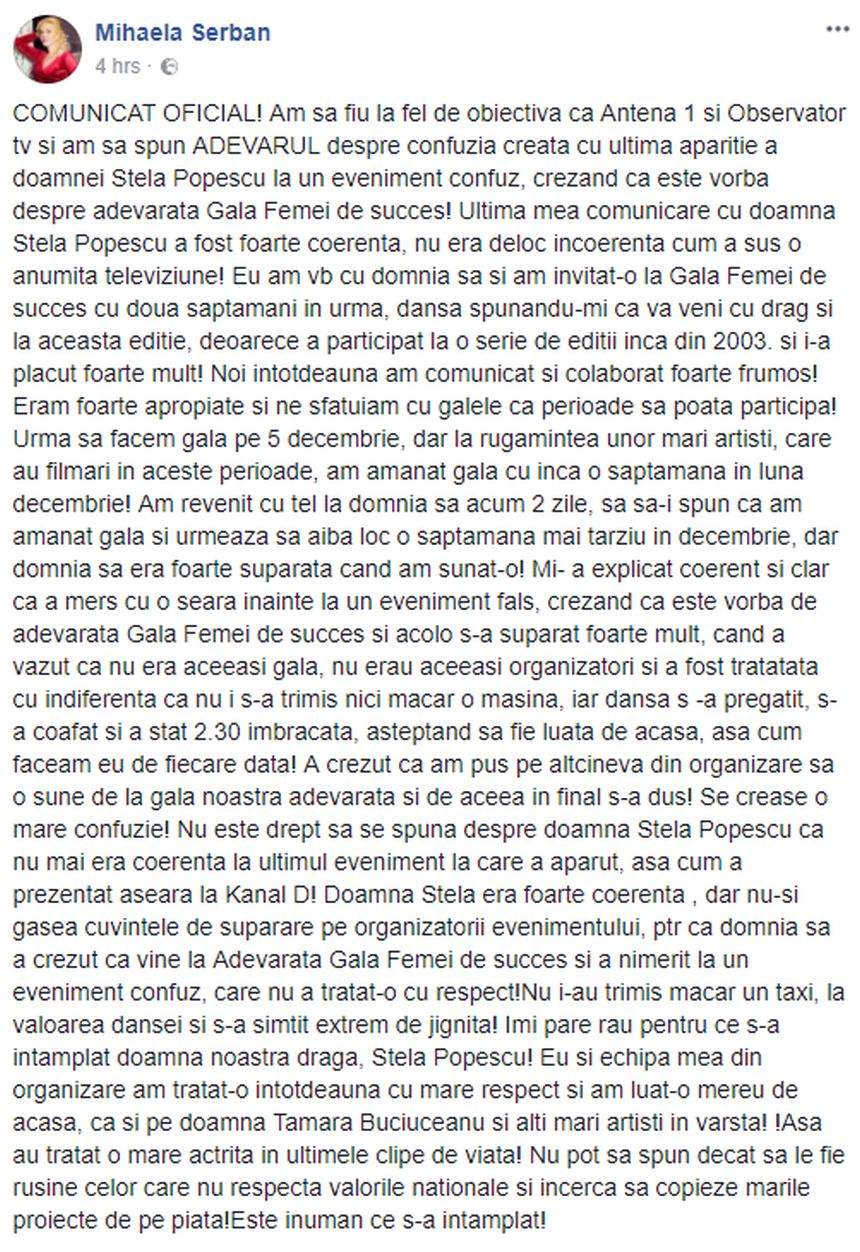 SCANDAL după MOARTEA Stelei Popescu! Contradicţii între organizatorii ultimei gale şi cei ai unui alt eveniment. A fost înşelată actriţa?