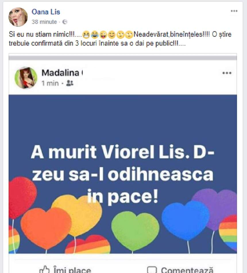 Reacția Oanei Lis, după ce s-a scris că Viorel a murit