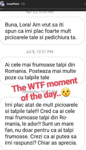FOTO / Mesaj năucitor primit de Lora de la o admiratoare: "Ai cele mai frumoase tălpi din România. Îmi plac atât de mult! Le ador!". Continuarea e şi mai şi