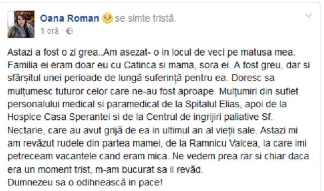 FOTO / Prima declaraţie a Oanei Roman după moartea mătuşii sale: " A fost sfârşitul unei perioade..."