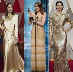 FOTO / Fetele de aur de la Gala Premiilor Oscar! Jessica Biel, Emma Stone şi Dakota Johnson au purtat ţinute spectaculoase