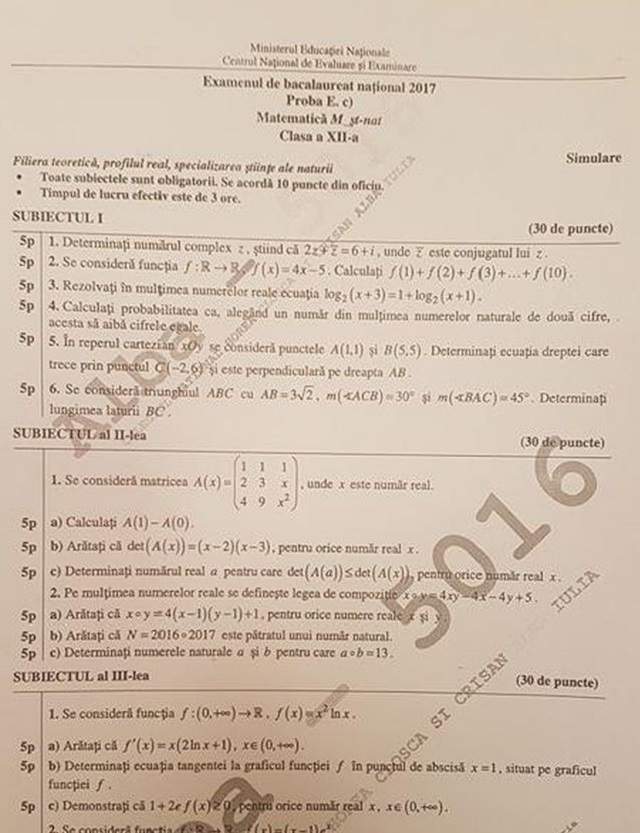 Subiecte SIMULARE BACALAUREAT şi EVALUARE NAŢIONALĂ 2017: Elevii au susţinut azi proba la matematică şi proba obligatorie a profilului