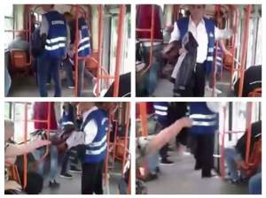 VIDEO / SCENE ŞOCANTE în tramvai! Controlorii i-au rupt mâna unui călător