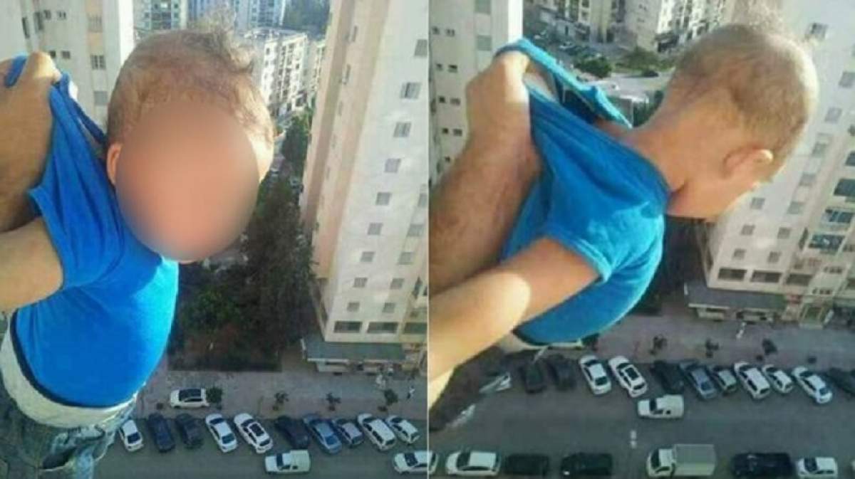 FOTO / Un tată și-a ținut copilul atârnat de tricou pe geam la etajul 15! Dacă strângea 1000 de like-uri îl lăsa în viață! Ce s-a întâmplat cu micuțul