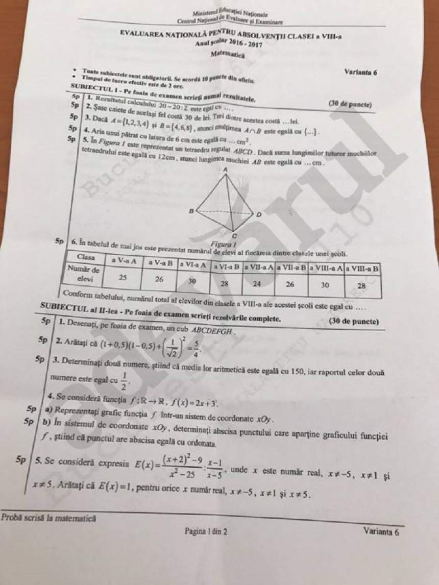 FOTO / Subiecte Evaluare Naţională 2017 - Matematică. Ce exerciţii au avut elevii de clasa a VIII-a de rezolvat