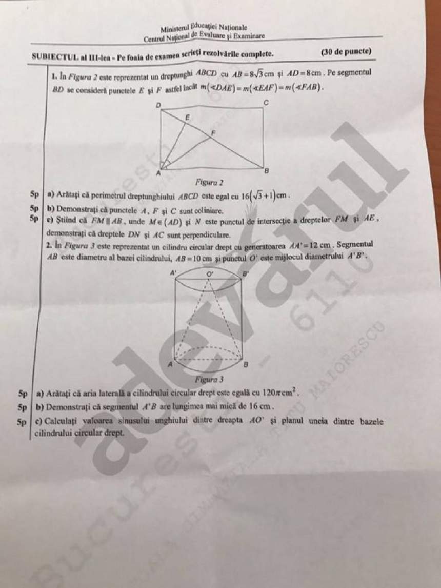 FOTO / Subiecte Evaluare Naţională 2017 - Matematică. Ce exerciţii au avut elevii de clasa a VIII-a de rezolvat