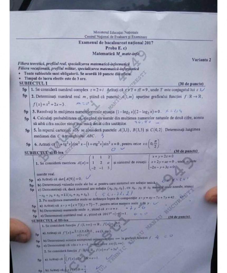 BACALAUREAT 2017. SUBIECTE și BAREM pentru proba de la matematică