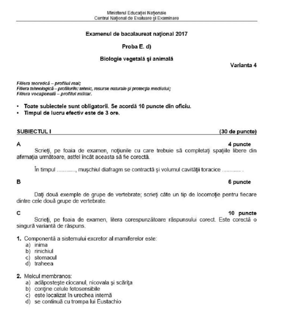 BACALAUREAT 2017. SUBIECTE și BAREM pentru ultima probă a examenului maturității