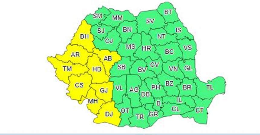 UPDATE: AVERTIZARE METEO. COD GALBEN de vânt şi GRINDINĂ în mai multe judeţe ale ţării