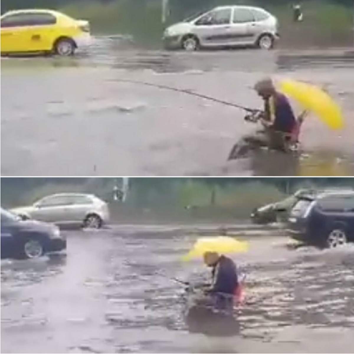 VIDEO / Inundaţii în Bucureşti! Un bărbat şi-a luat undiţa şi a făcut haz de necaz pe mijlocul carosabilului