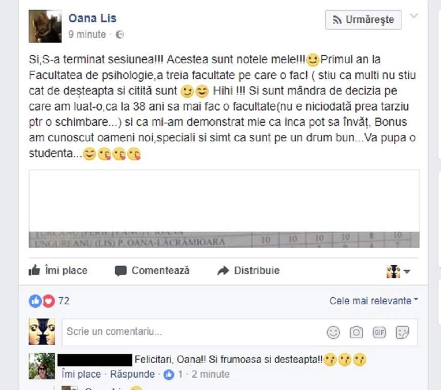 FOTO / Oana e studentă eminentă! Ce note a obţinut după sesiune soţia lui Viorel Lis