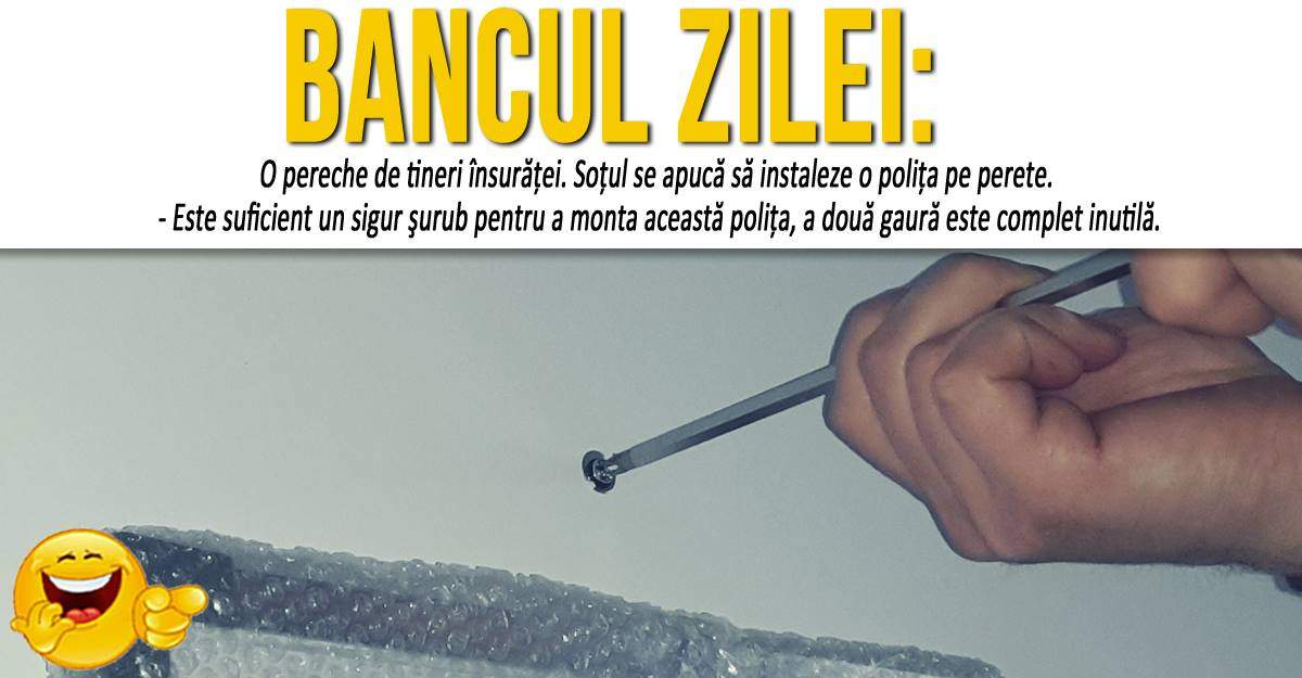 BANCUL ZILEI: "O pereche de tineri însurăţei. Soţul se apucă să instaleze o poliţa pe perete"